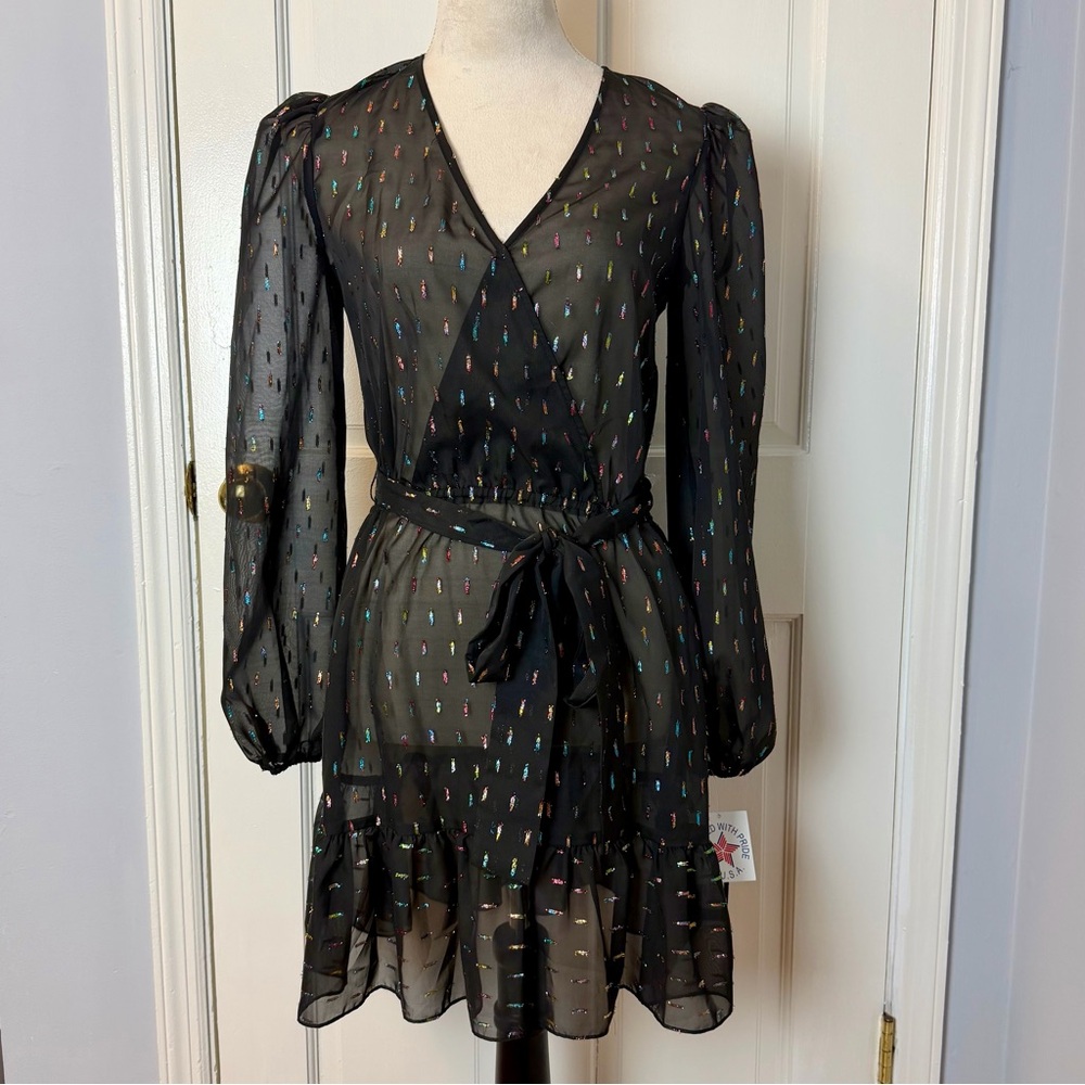 NWT Betsy & Adam Sheer Black Dress with Colorful Metallic Dot Pattern, Size 2